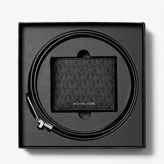 MK Signature Logo Billfold Wallet and Belt Gift Set