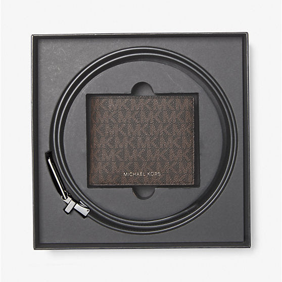 MK Signature Logo Billfold Wallet and Belt Gift Set