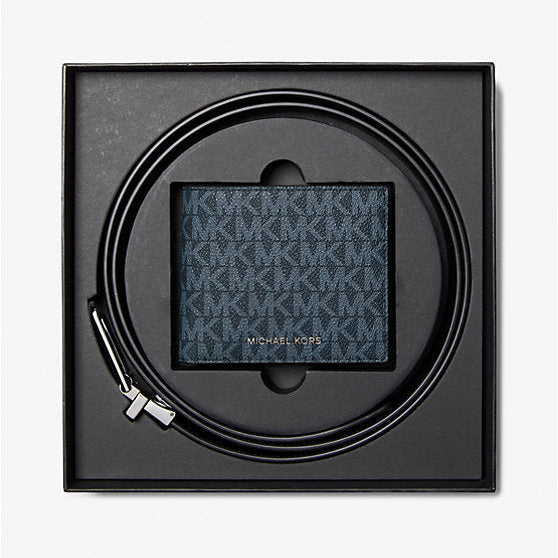 MK Signature Logo Billfold Wallet and Belt Gift Set