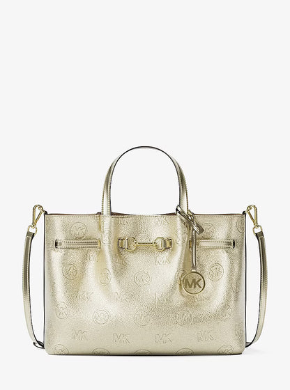 Carson Medium Metallic Logo Debossed Satchel Handbag