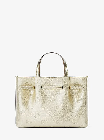 Carson Medium Metallic Logo Debossed Satchel Handbag